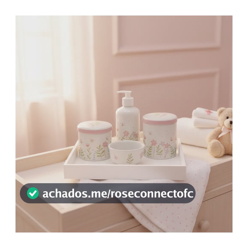 Kit Higiene Bebê Porcelana Floral Rosa Lindas Delicadas Branco