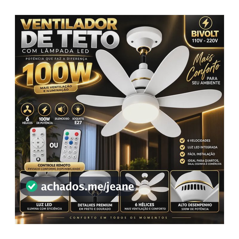 Novo Ventilador Teto 100W 6 Hélices com Controle Ajustável Bivolt E27 Lâmpada Led Silencioso