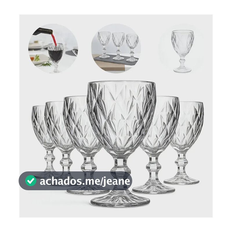 Kit 6un Taça Diamante Lapidada 340ml Para Vinho E Drink Transparente