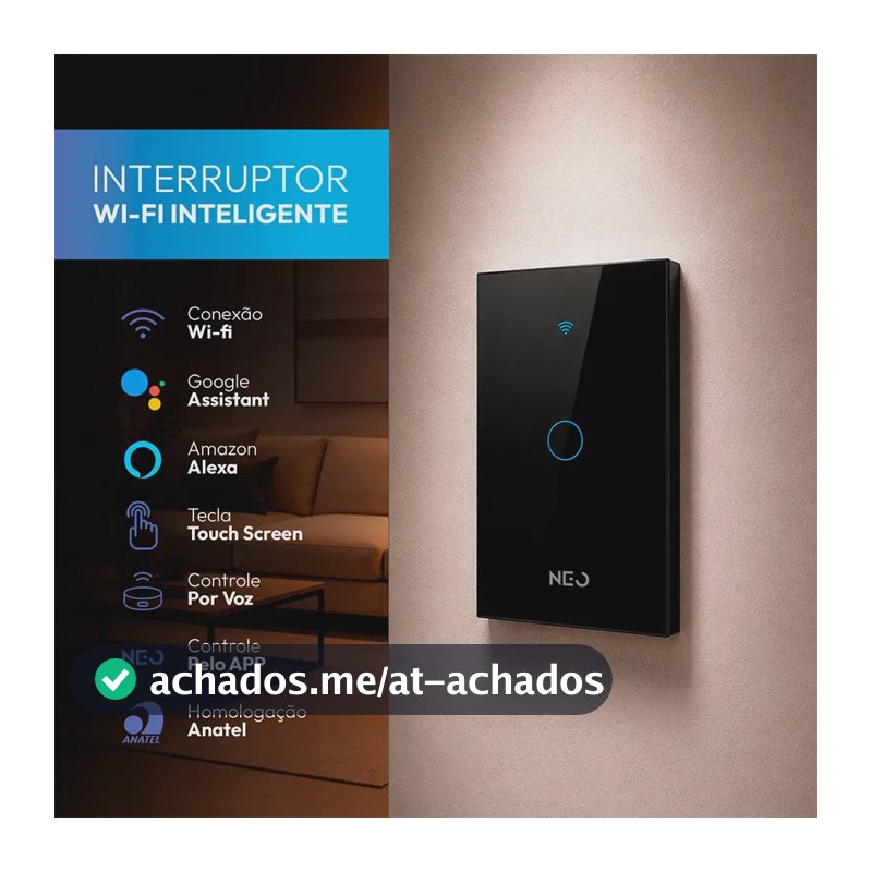 Interruptor Smart Inteligente Wi-fi 2.4 GHz Alexa google 1 Botão 4x2 Bivolt Preto Cod: 291990365 Neo Avant
