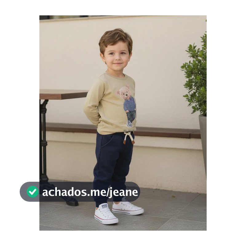 Conjunto Menino Urso Blusa Algodão + Calça Moletom Felpado 2 Bege/marinho Urso