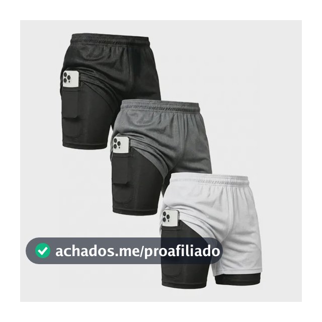 Kit 3 Shorts 2 Em 1 Duplo Bolso Para Academia Treino Corrida