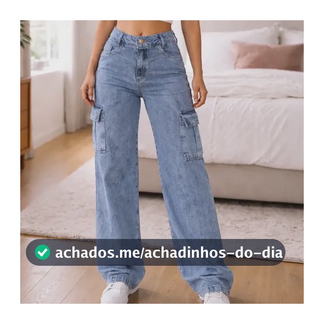 Calça Cargo Feminina Wide Leg Cintura Alta Jeans  Stillger