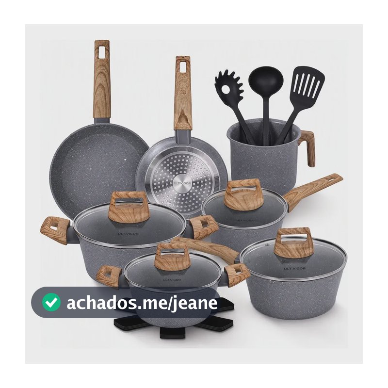 Conjunto Panelas Cerâmica Antiaderente Gas Indução 15 Peças Cinza