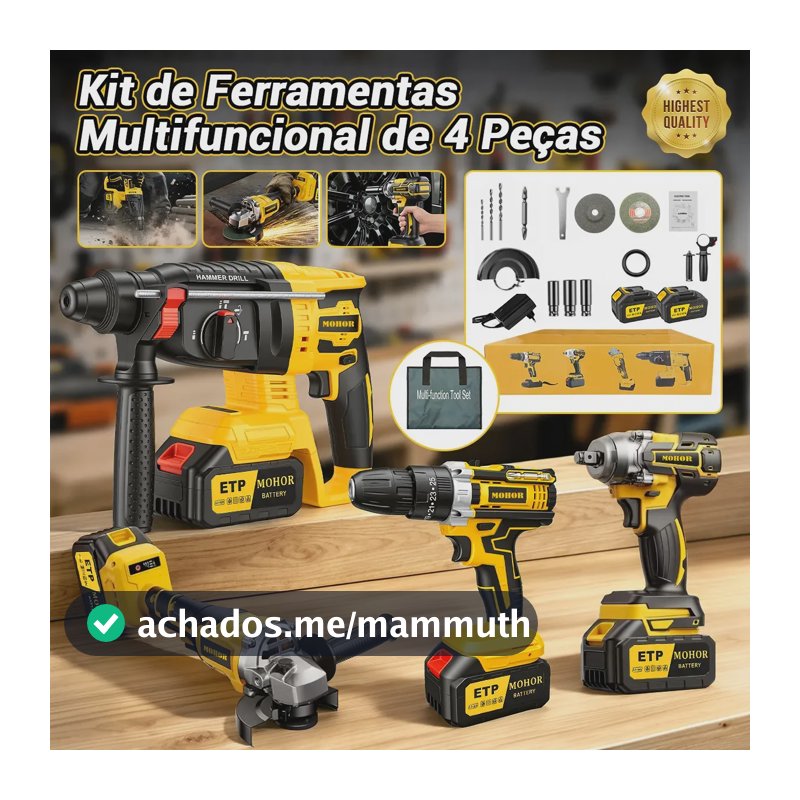 Kit Ferramentas Elétricas MOHOR 4 em 1 com 2 Baterias, Furadeira Parafusadeira, Martelete, Esmerilhadeira e Chave de Impacto