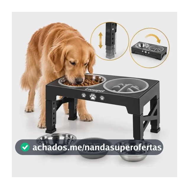 Comedouro Bebedouro Elevado Cães Duplo Lento Inox Grandes Ajustável Looxopet Preto