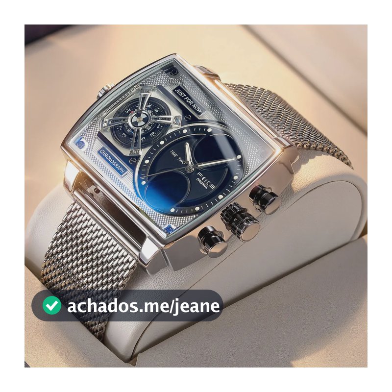 Relógio Masculino Feice FK814 com Dual Hora e Cronógrafo, de Quartzo em Aço Inoxidável Prateado