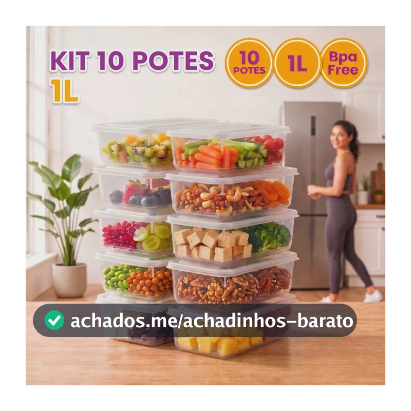 Kit 10 Potes 1 Litro Transparente Marmita Fitness Bpa Free Tampa Hermética Reutilizável Micro E Freezer Mantimentos ponte lar utilidades