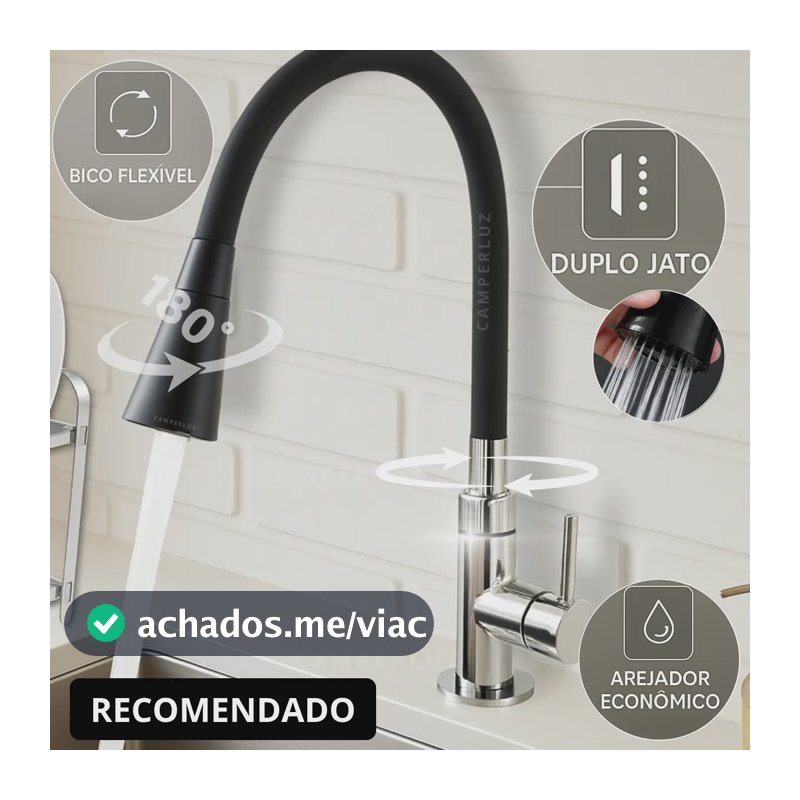Torneira Gourmet Luxo Flexível Cozinha Bancada 2 Jatos Pia Cor Preto - Marca Camperluz