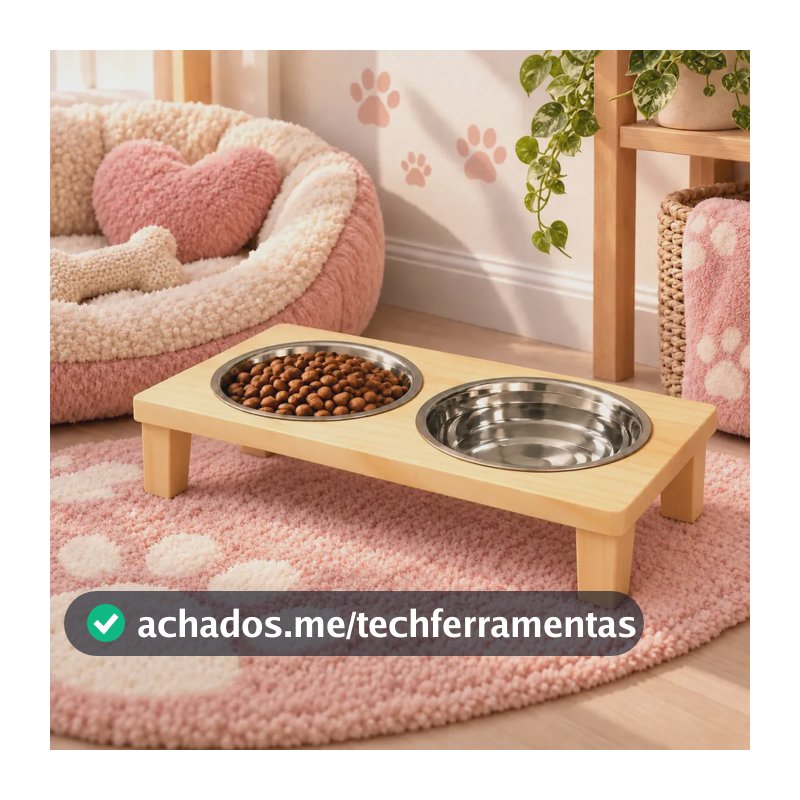 Comedouro Pet Elevado Duplo Madeira Para Cachorro e Gato 2 Tigelas Inox Ração e Água Praticidade e Cuidado
