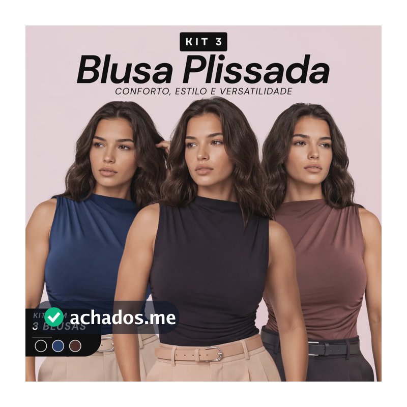 Kit 3 Blusa Feminina Regata Gola Alta Drapeada Franzida Preto, Marrom E Azul Marinho Liso G/gg (44/48)