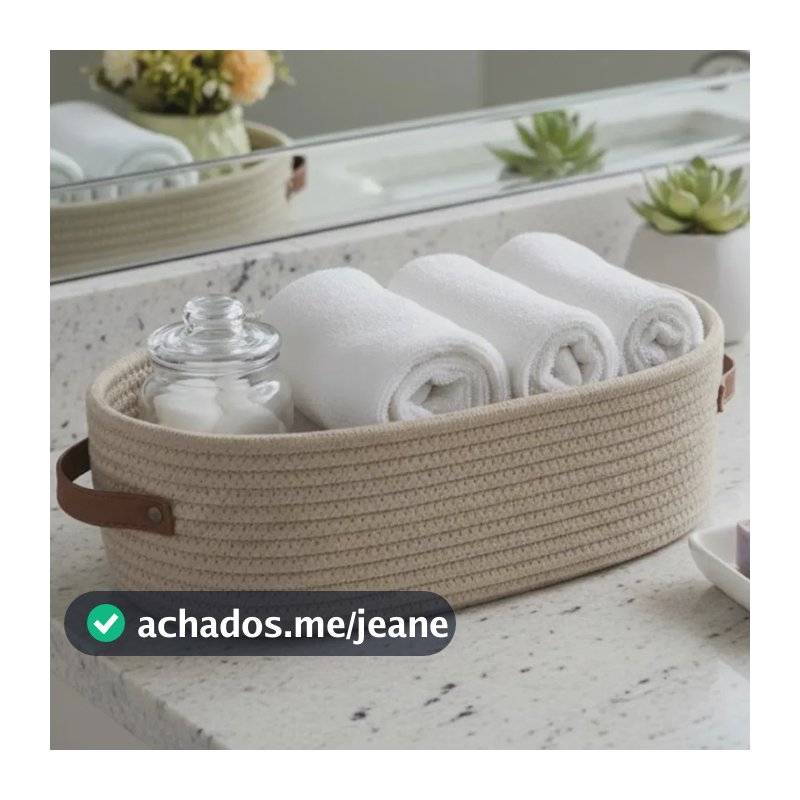 Cesto Organizador De Banheiro Corda Algodão Alça Couro Kilate Store