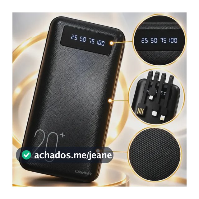 Power Bank 20000mah Turbo Carga Rápida 4 Cabos Integrados Display Led Carregador Portátil Proteção Sobrecarga Cashpay Para Celular Viagem Preto