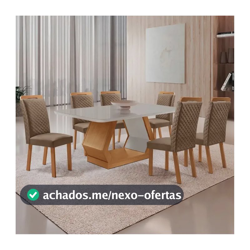 Mesa Jantar Alvorada 180cm Mdf Vidro Copo 6 Cadeiras Lorena Veludo Capuccino/nat/off/serig. Off