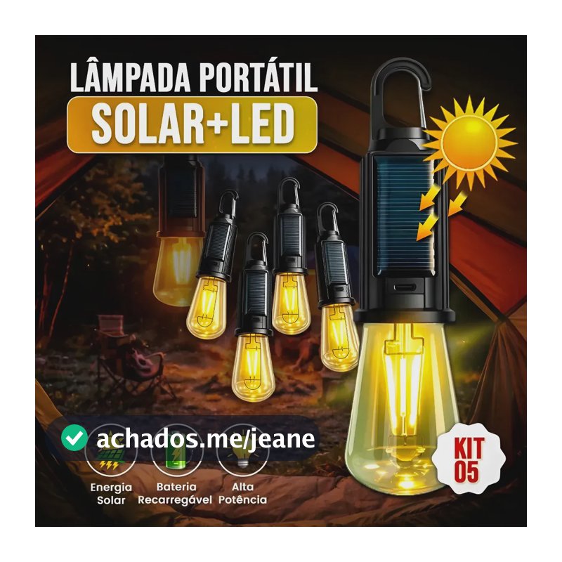 Kit 5 Lâmpada Portátil Solar Led Recarregável Usb-c 3 Modos