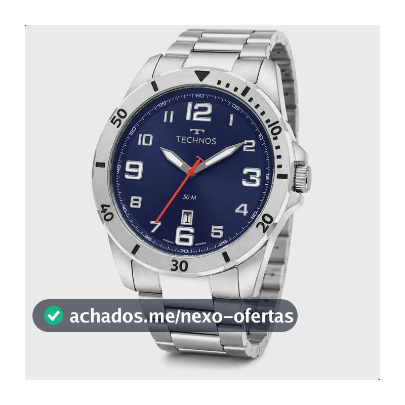 Relógio Technos Masculino 2115NAP/1A 45 Milímetros Casual em Aço Inoxidável Prova D´Agua 50 Metros com Calendário Fundo Azul