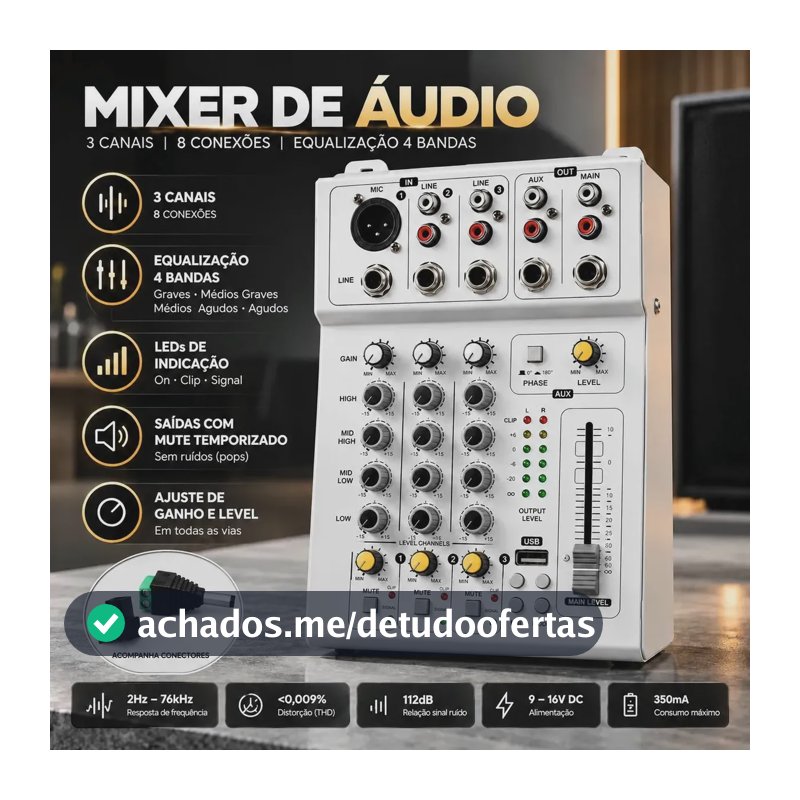 Mesa De Som Analógica 3 Canais Com Equalizador 4 Bandas 12v