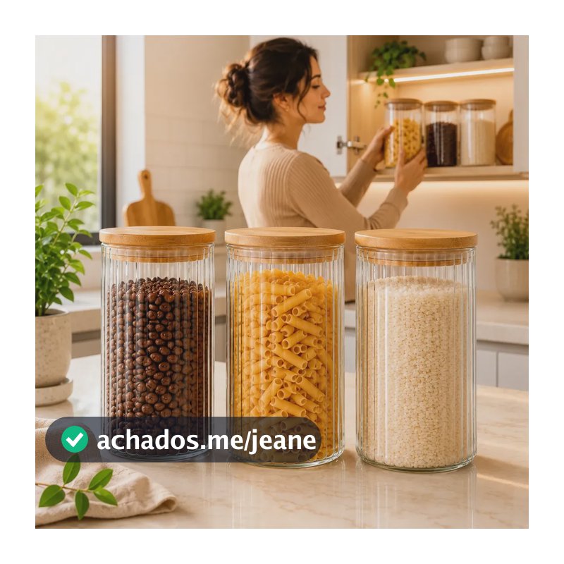 Potes Herméticos De Vidro Premium Com Tampa De Bambu Kit 3 Transparente