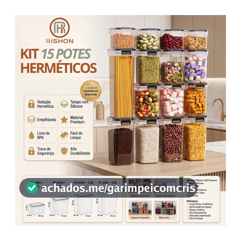 Kit 15 Potes Hermético Cadencia Mantimentos Retangular Cozinha Branco Rishon 22,4 Litros