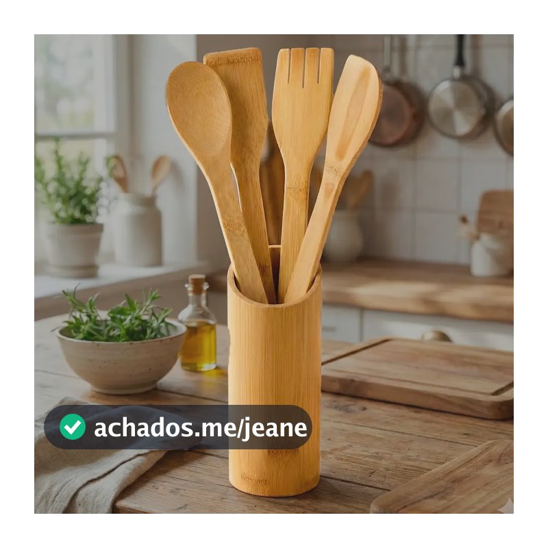 Conjunto Talheres Bambu 5 Peças Pau Colher Garfo Espátulas Bambu