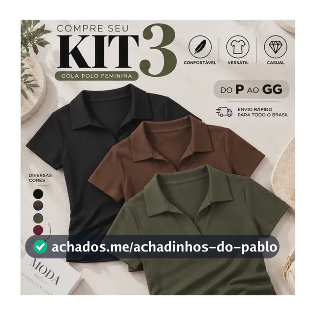Kit 3 Blusa Feminina Gola Polo Canelada Básica Casual Lisa Preto, Marrom E Verde Liso P/m (36/42)