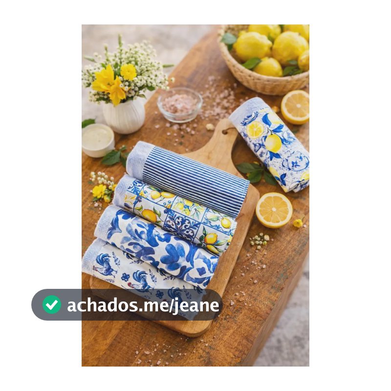 Panos de Prato Limoeiro com Barrado, Kit 5 Unidades em Algodão Ceci Petit Home