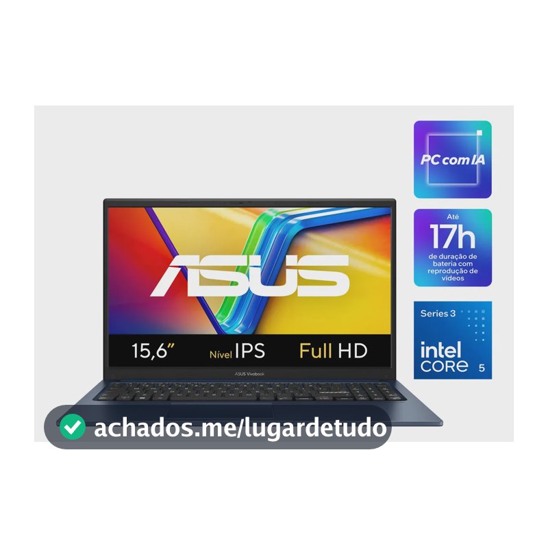 Notebook ASUS Vivobook 15, AI PC, Intel Core 5, 8GB RAM, 256GB SSD, W11 Home, Tela 15.6'' IPS FHD, Quiet Blue - X1504MA-BQ299W