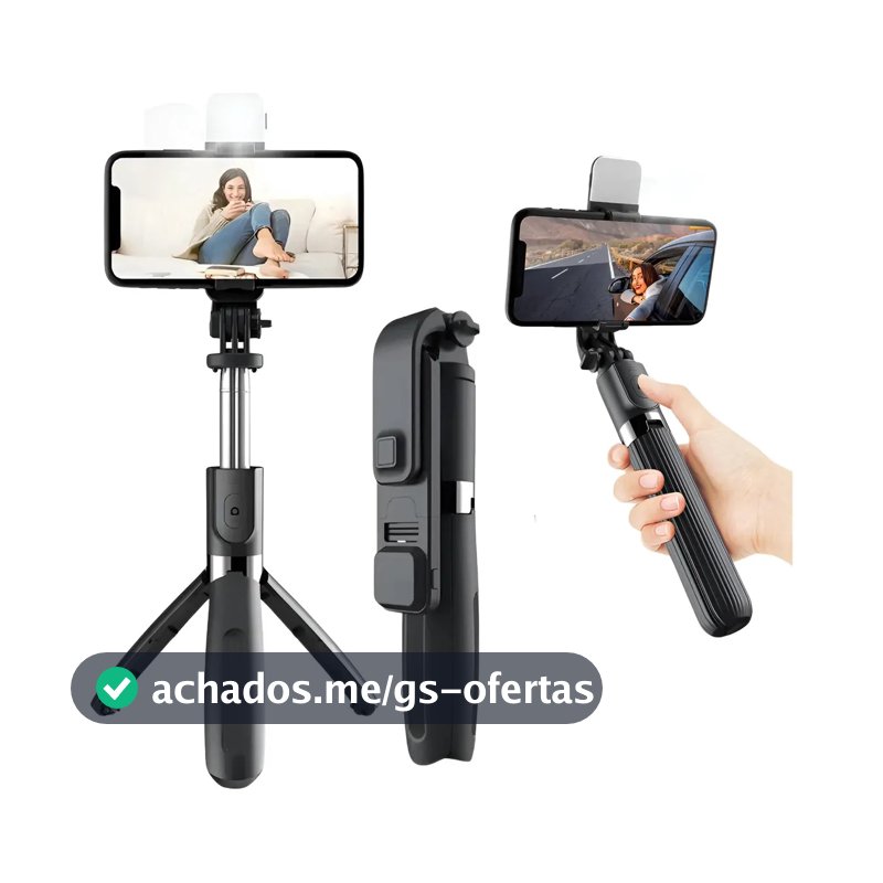 Tripé Celular Bastão Pau De Selfie Bluetooth Mesa Led 3 Em 1 Preto