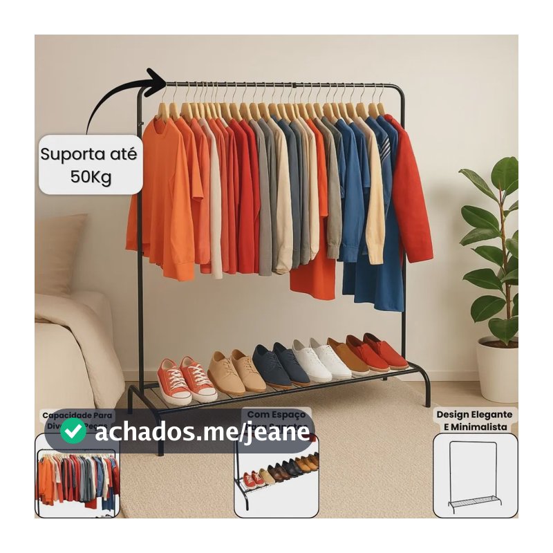 Cabideiro Arara De Roupas De Chão Com Sapateira Inclusa Moderno Loja Quarto Organizador Em Aço Suporta 50kg Preto
