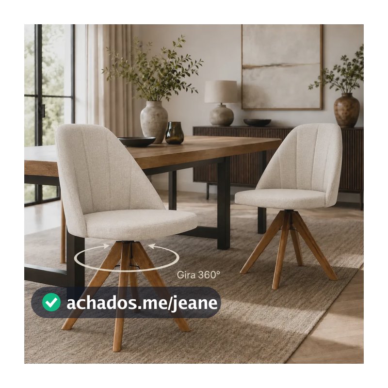 Kit 2 Cadeiras Sala Jantar Cozinha Giratória Madeira Maciça Eucalipto Mariana Estofada Linho Espuma D23 Assento Grosso Anatômica Moderna Confotavel 10cm Base Verniz Canela Suporta 120kg Bege