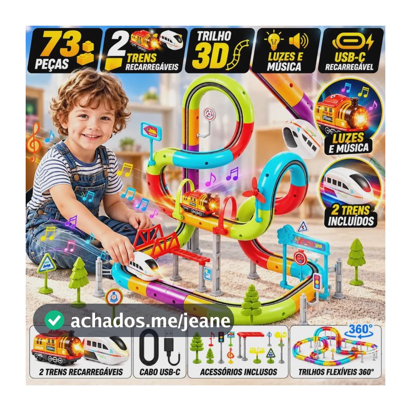 BrincaMundo Pista de Trem Elétrico Infantil 3D 73 Peças com 2 Trens Recarregáveis USB-C Trilhos de Montar Luzes e Música Brinquedo Educativo
