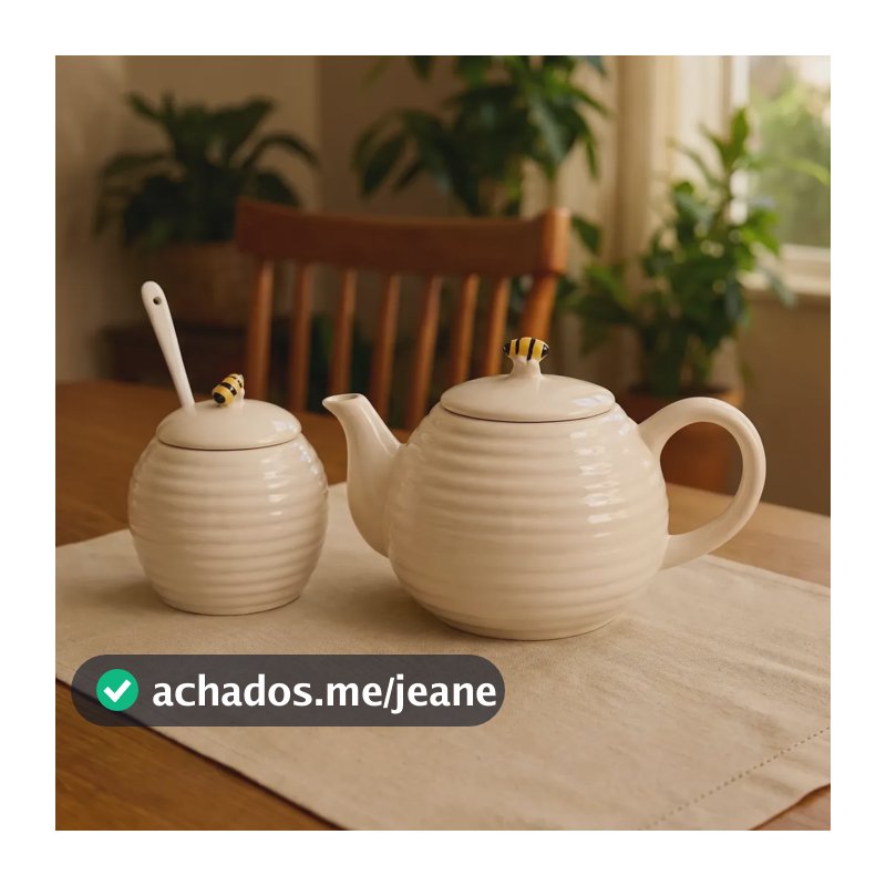 Conjunto 2 Peças Bule E Açucareiro C/ Colher Bee Porcelana Abelha Colméia Luxo