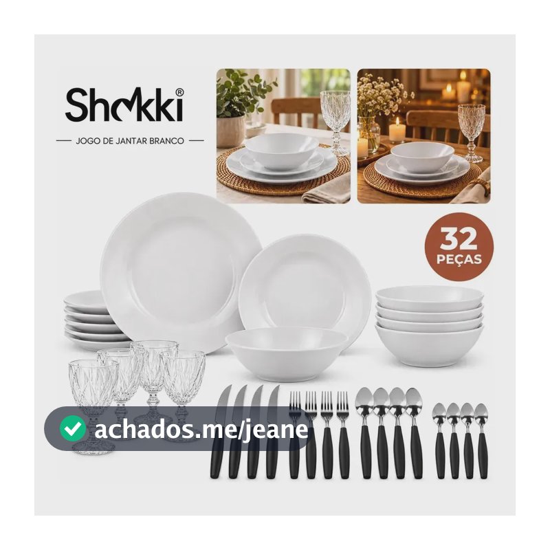 Jogo de Jantar 32 Peças Vidro Branco Com Taça Diamond 4 Lugares Pratos Rasos Sobremesa Tigelas Facas Garfos Colheres Fácil de Limpar Shokki