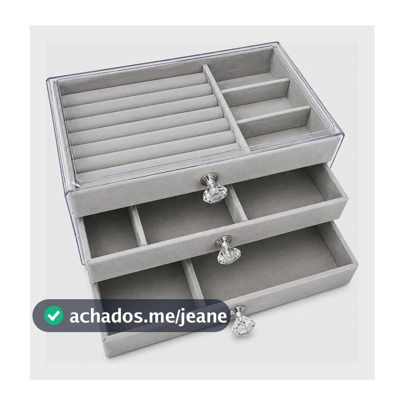 Porta Joias Acrílico Organizador  E Bijuterias 3 Gavetas Cinza