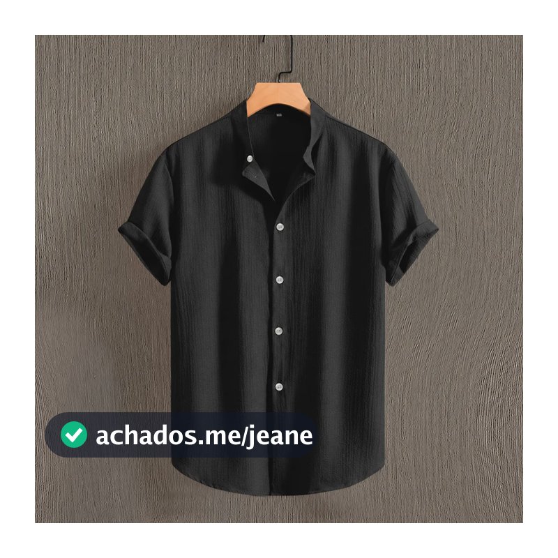 Camisa Social Slim Gola Padre Linho Masculina Manga Curta Preto G