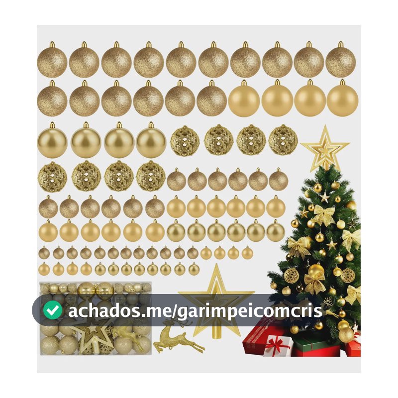 Kit 102 Bolas De Natal Ponteira Glitter Enfeite Topo Árvore Dourado