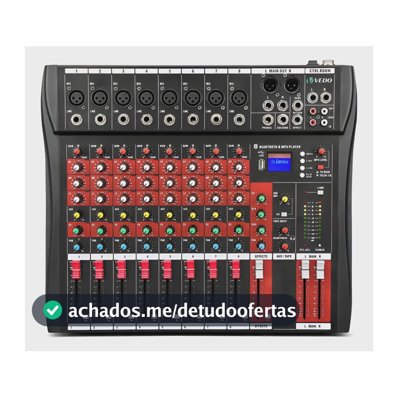 Mesa de Som Digital Vedo Bluetooth 8 Canais USB P10 XLR Com Efeitos