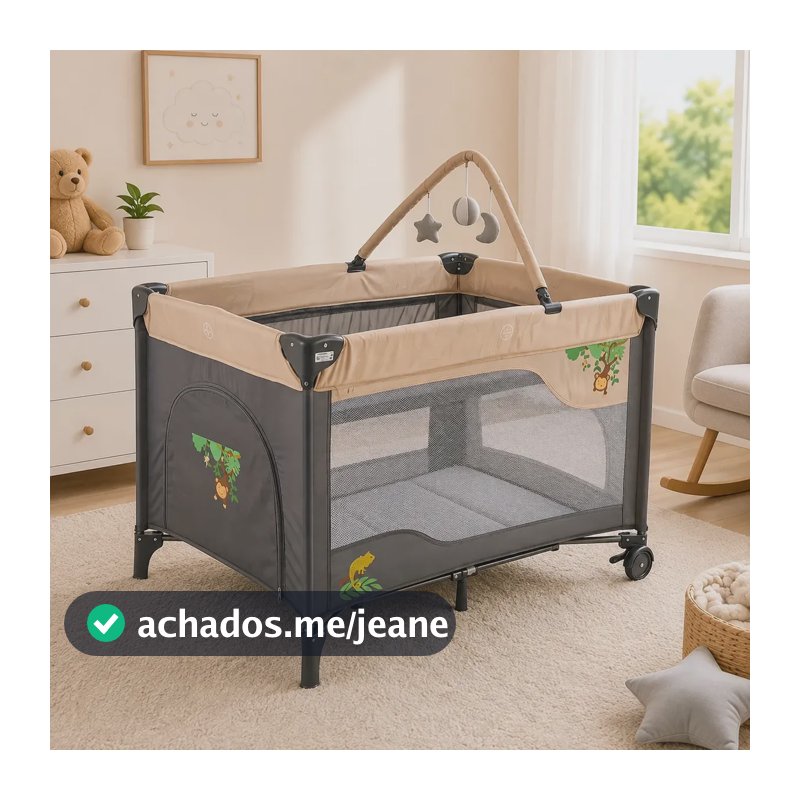 Berço Portátil Infantil Cercadinho Compacto Com Móbile Desmontável Multmaxx Preto E Bege