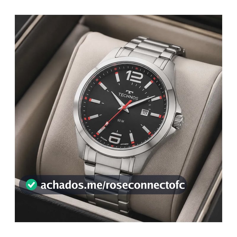 Relógio Masculino Technos Racer Grande 46 Milímetros Aço Inoxidável Analógico Prateado Mostrador Preto Detalhes em Vermelho Performance Calendário Prova D'Água 50m 2115GUS1R