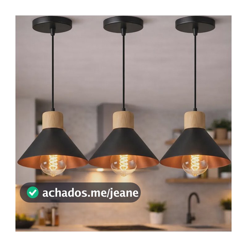 Kit 3 Luminária Pendente De Teto Moderna Para Sala Cozinha Escritório - Cor Preto E Cobre - Bivolt Lustre Moderno
