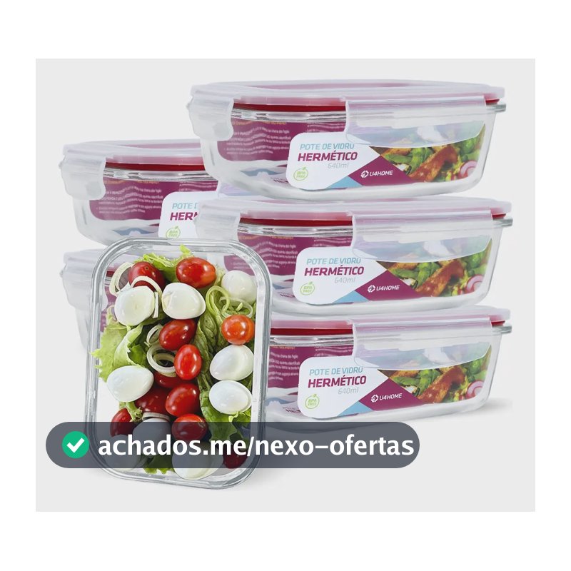 Conjunto 6 Potes Vidro Hermético Retangular 640ml Marmita Micro-ondas Vermelho Nabox