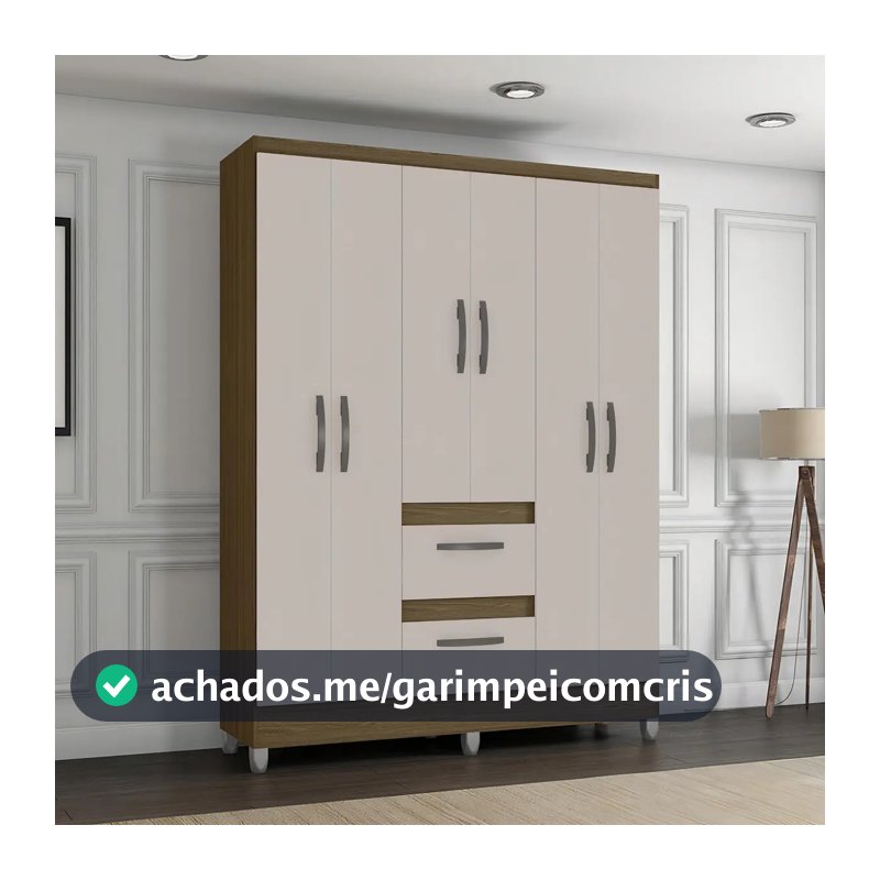 Guarda Roupa Solteiro 6 Portas 2 Gavetas Capri Poquema Cor Castanho/off White