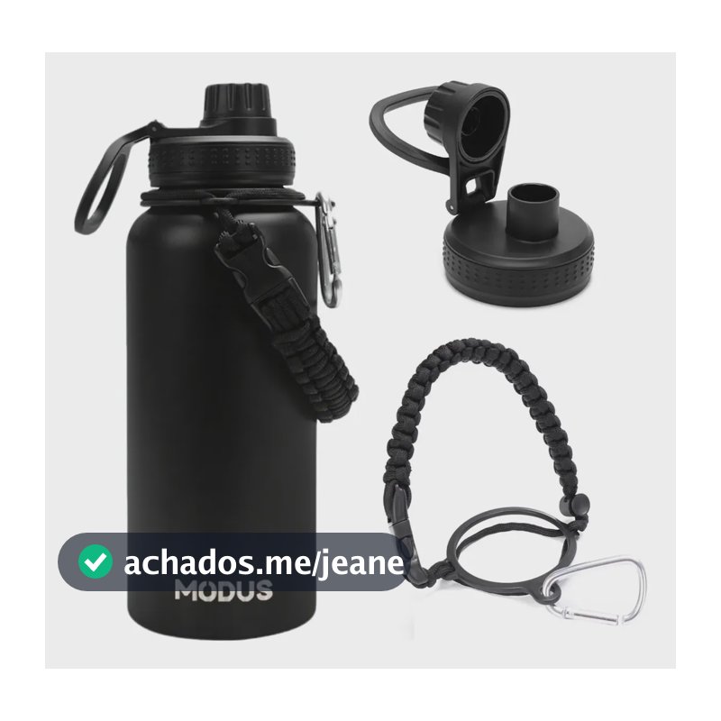 Garrafa Térmica 1000ml Aço Inox 304 Gelo 18h Quente 12h Com Alça Paracord Cor Preta-j252