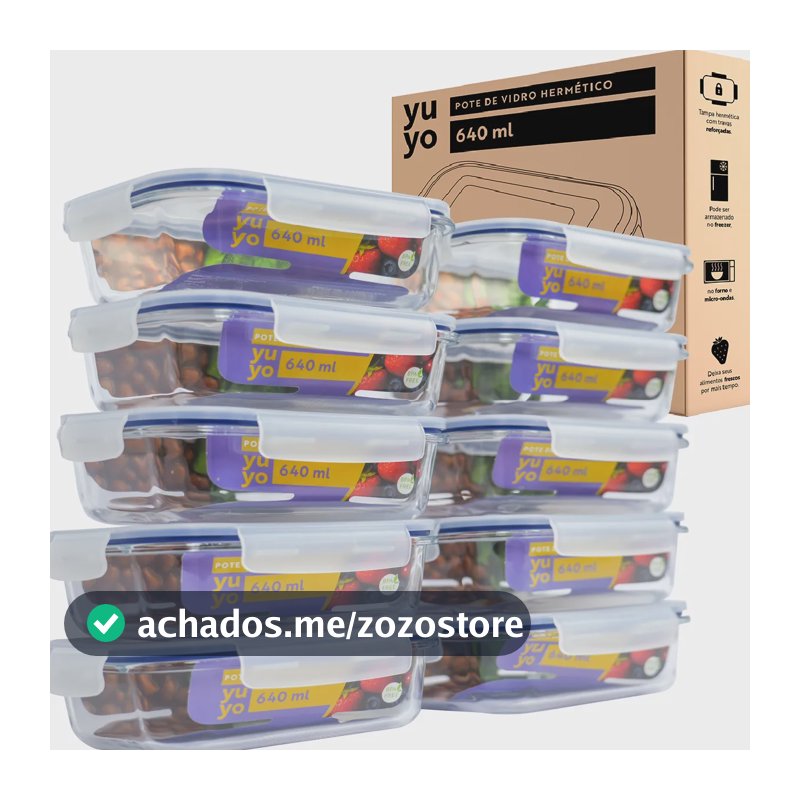 Kit 10 Potes De Vidro Hermético 640ml Marmita Fitness Com Tampa 4 Travas Freezer Microondas Geladeira Armazenamento Alimentos