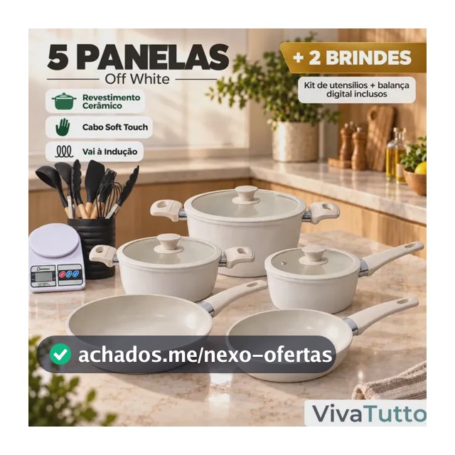 Jogo de Panelas Off White 6 Peças com Revestimento Cerâmico para Indução Tampa de Vidro Fechamento Hermético e Brinde de Utensilios de Silicone e Balança Digital VIVATUTTO