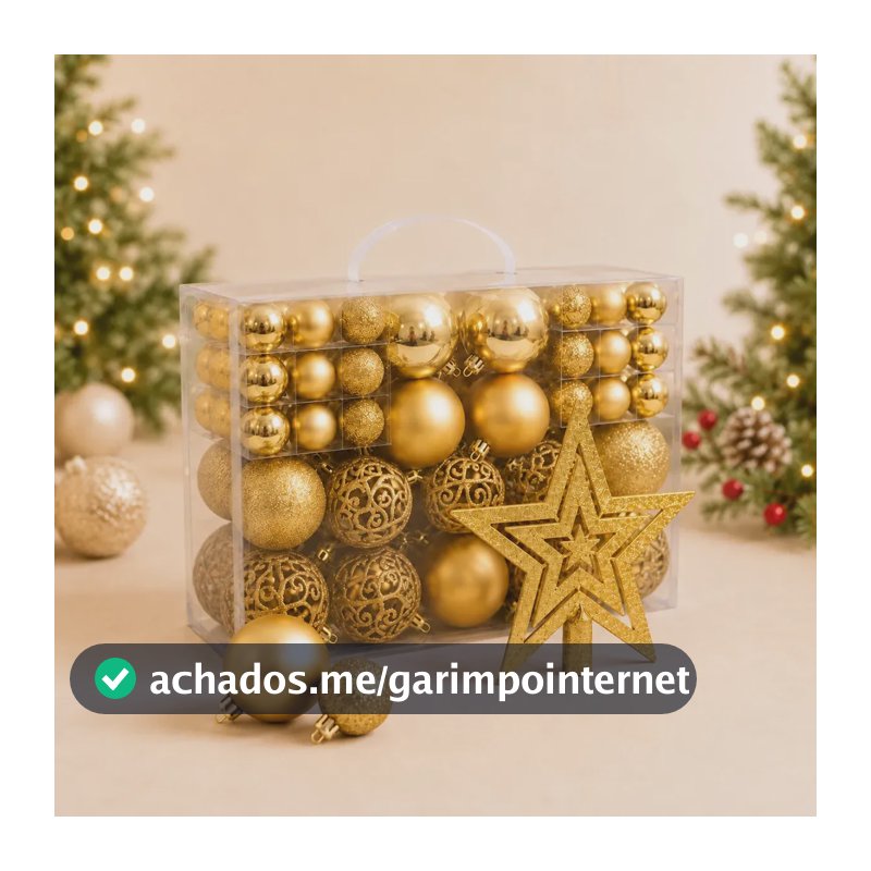 Kit Maleta 50 Bolas Pendentes + Estrela Ponteira Para Árvore De Natal Decoração Natalina Premium - Dourada
