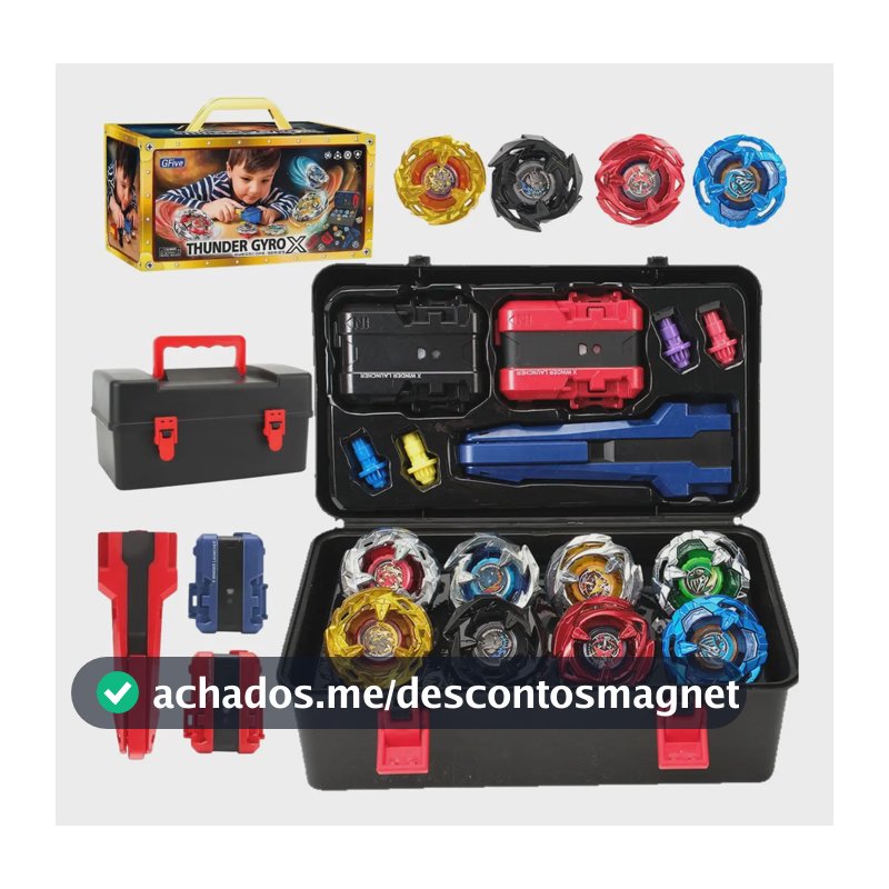 Maleta Kit Completo 8 Pião Blade Thundegyro Batalha Lançador Beiblade