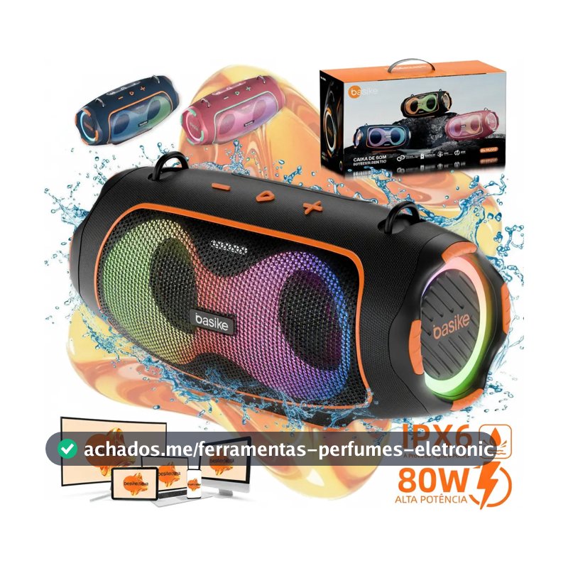 Boombox Basike Portátil 80W à Prova D'Água c/ Grave Potente, RGB e TWS