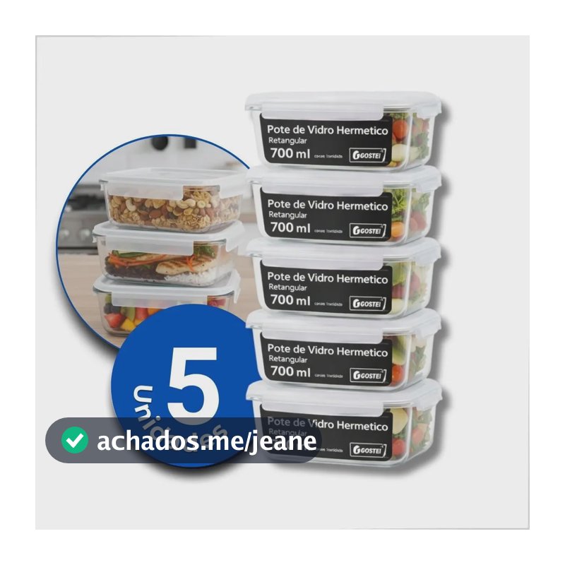 Kit 5 Potes De Vidro Hermetíco 700ml Marmita Forno Refratário Gostei!