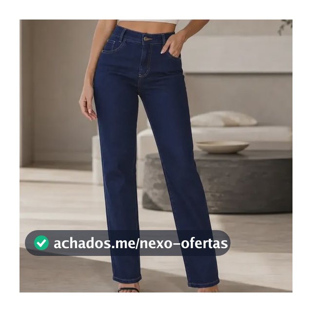 Calça Jeans Reta Feminina Elastano Cintura Alta Clássica  Azul-escuro Liso 44